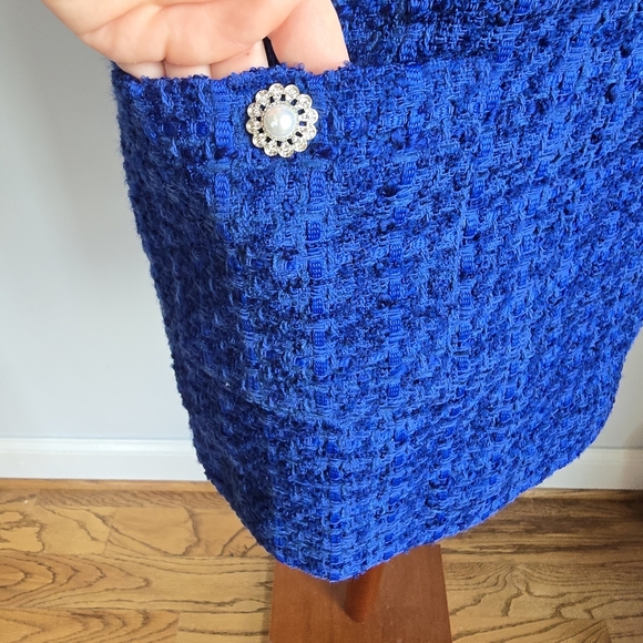ZARA, New Blue Tweed Pinafore Preppy Jeweled Pocket Mini Dress Womens Size XL - Picture 7 of 13